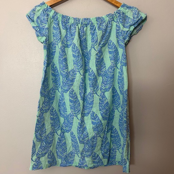 Vineyard Vines Dress Womens XS Blue Green Palm Leaf Linen Cotton Off Shoulder - Picture 2 of 5